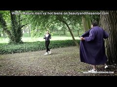 Creepy old guy licks ass and fucks runner in the park